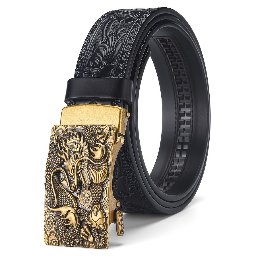 Dragon Head Leather Belt Men Intricate Carving Golden Buckle Brown Cowhide